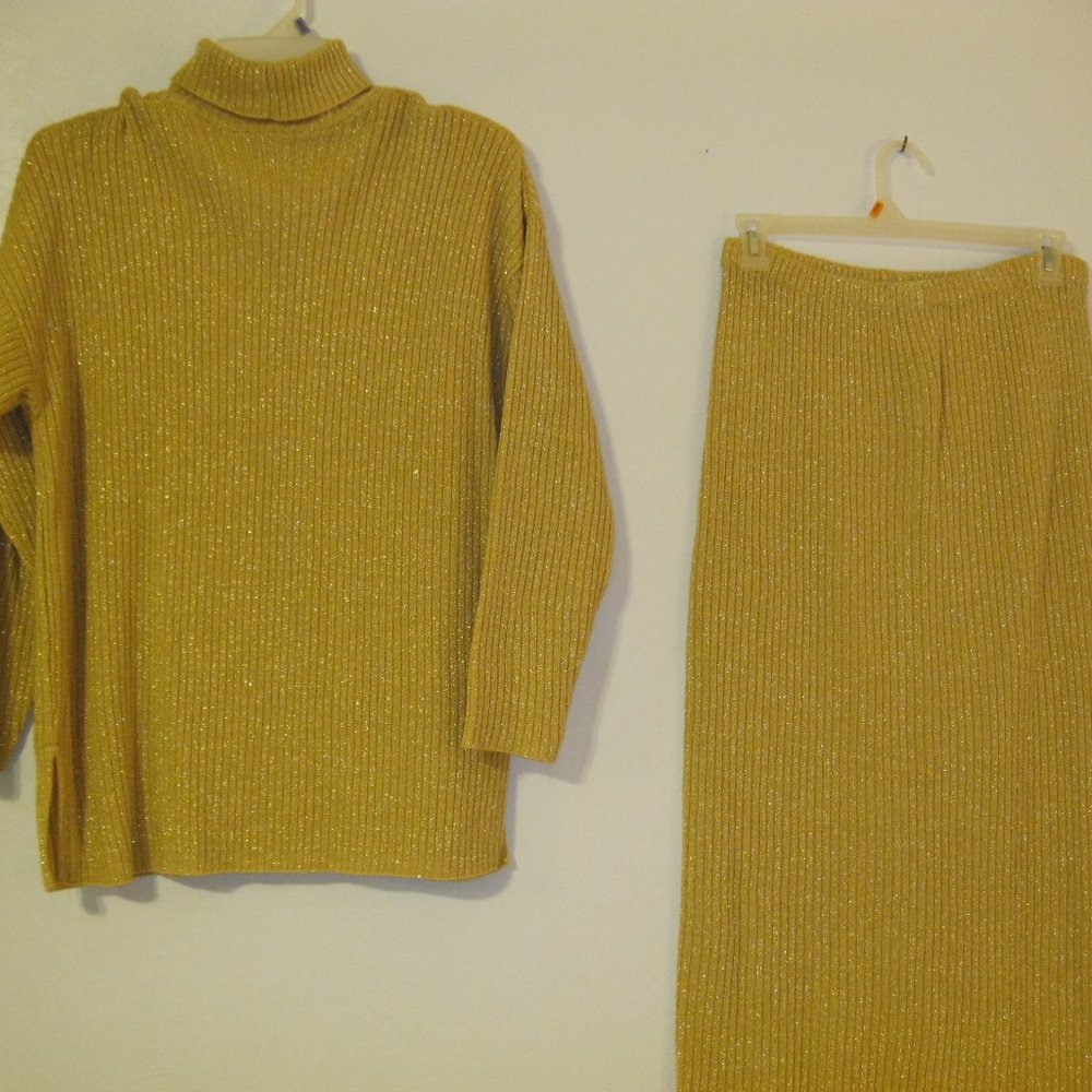 metallic gold sweater and skirt